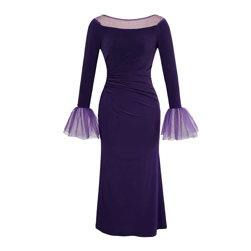 ZYHT 30659 Polka Dot Purple Perspective Mesh Lady Maxi Dress Ruffled Long Flare Sleeve Simple Casual Dress
