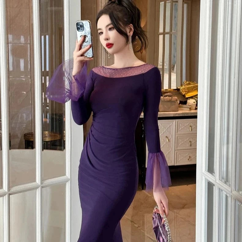 ZYHT 30659 Polka Dot Purple Perspective Mesh Lady Maxi Dress Ruffled Long Flare Sleeve Simple Casual Dress