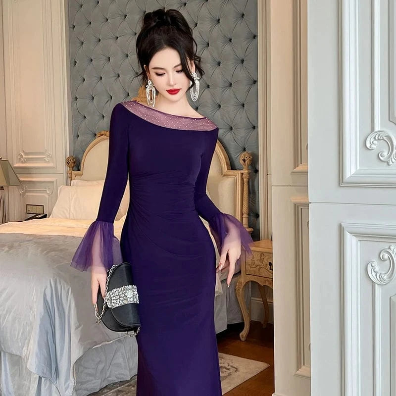 ZYHT 30659 Polka Dot Purple Perspective Mesh Lady Maxi Dress Ruffled Long Flare Sleeve Simple Casual Dress
