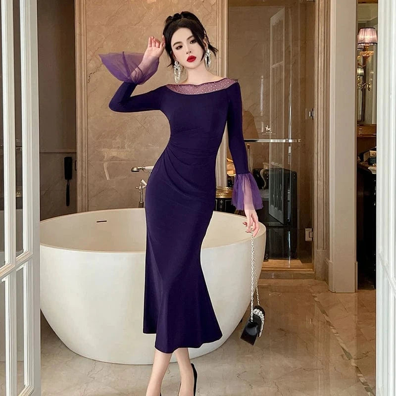 ZYHT 30659 Polka Dot Purple Perspective Mesh Lady Maxi Dress Ruffled Long Flare Sleeve Simple Casual Dress