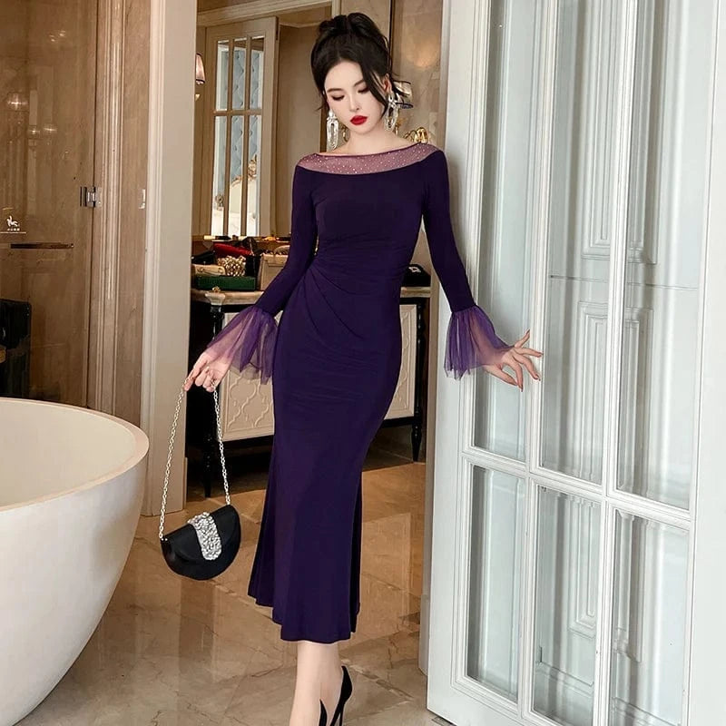 ZYHT 30659 Polka Dot Purple Perspective Mesh Lady Maxi Dress Ruffled Long Flare Sleeve Simple Casual Dress