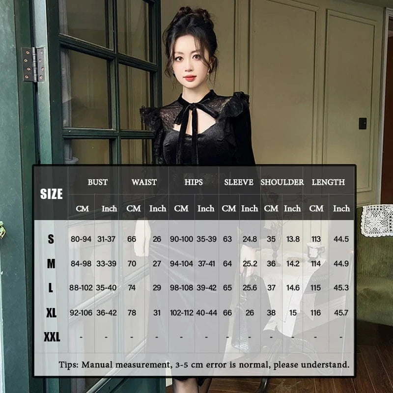 ZYHT 30694 Black Lace Up Bow Neck Ruffle Sheath Dress Hollow Out Velvet Patchwork Empire Waist Retro Dresses