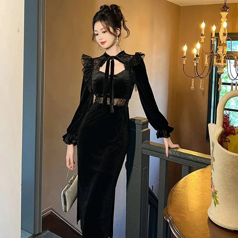ZYHT 30694 Black Lace Up Bow Neck Ruffle Sheath Dress Hollow Out Velvet Patchwork Empire Waist Retro Dresses