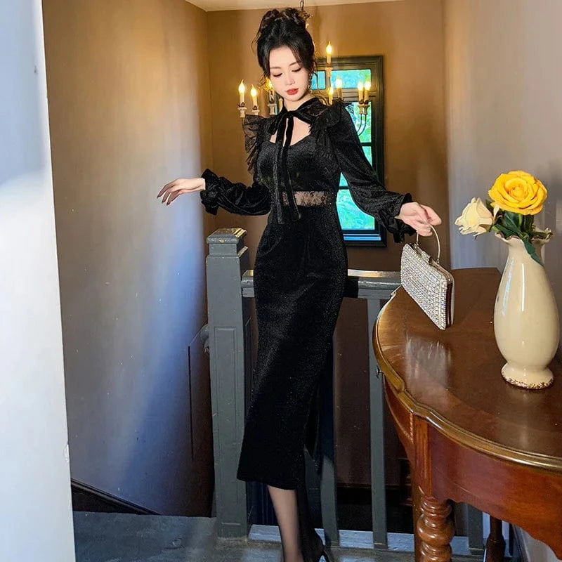 ZYHT 30694 Black Lace Up Bow Neck Ruffle Sheath Dress Hollow Out Velvet Patchwork Empire Waist Retro Dresses