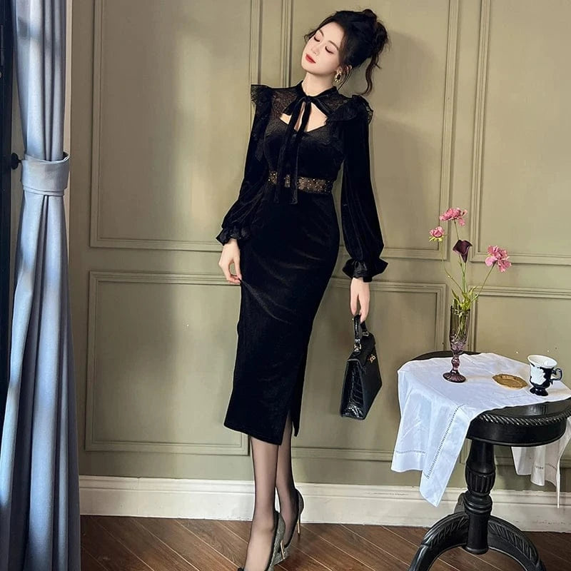 ZYHT 30694 Black Lace Up Bow Neck Ruffle Sheath Dress Hollow Out Velvet Patchwork Empire Waist Retro Dresses