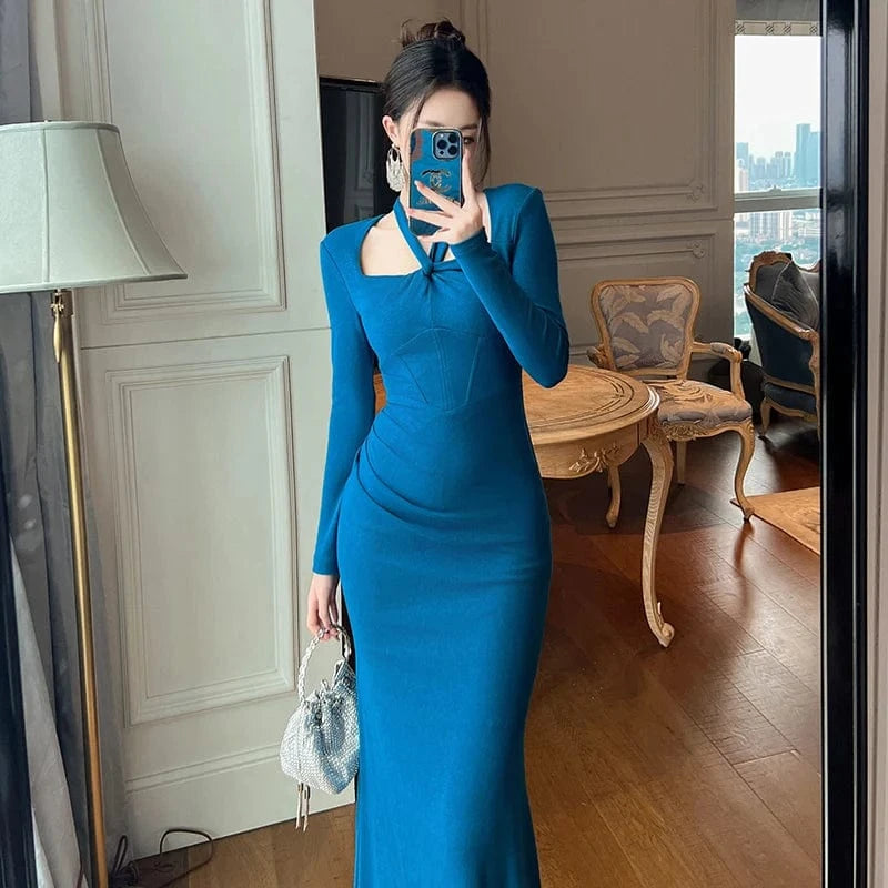 ZYHT 30711 Simple Design Pleated Sexy Bandage Dresses Solid Color Casual Halter Vestidos Dresses for Women