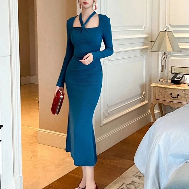 ZYHT 30711 Simple Design Pleated Sexy Bandage Dresses Solid Color Casual Halter Vestidos Dresses for Women