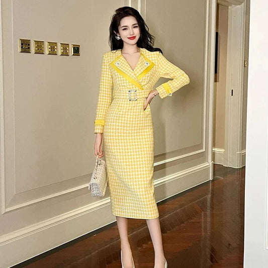 ZYHT 30740 Vintage Lapel Diamond Decor Woolen Dress Yellow Houndstooth Plaid Trench Long Dress with Belt