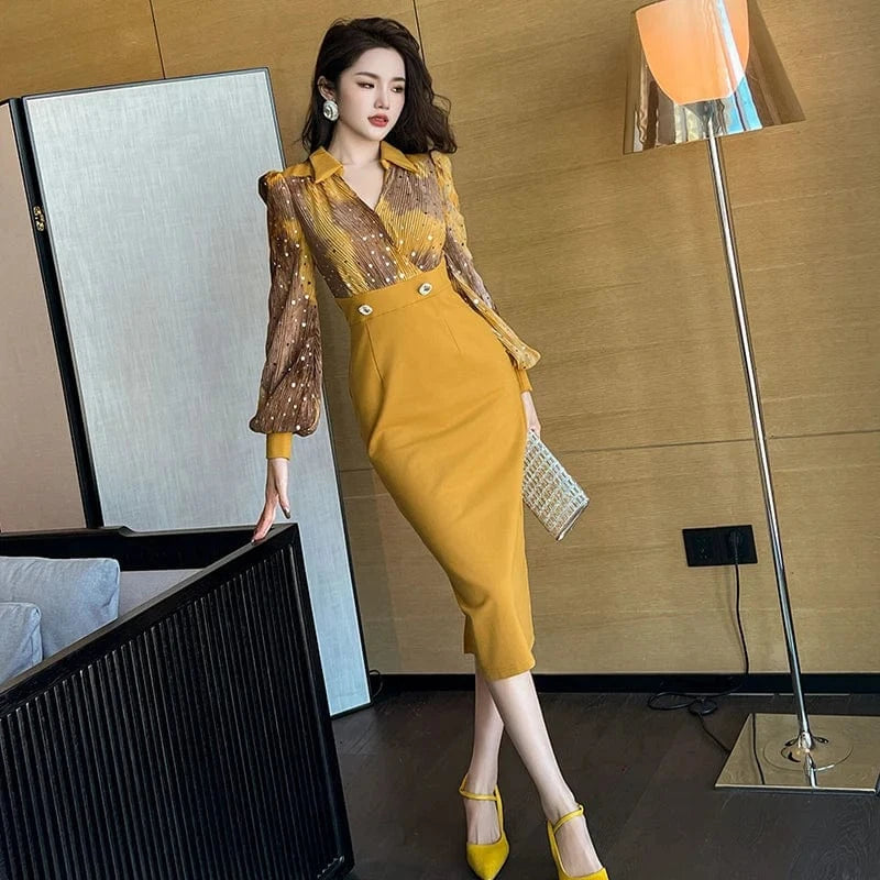 ZYHT 30753 2024 Spring New Products Elegant Casual Wear Business Dress OL Style Puff Sleeve Career Midi Dress
