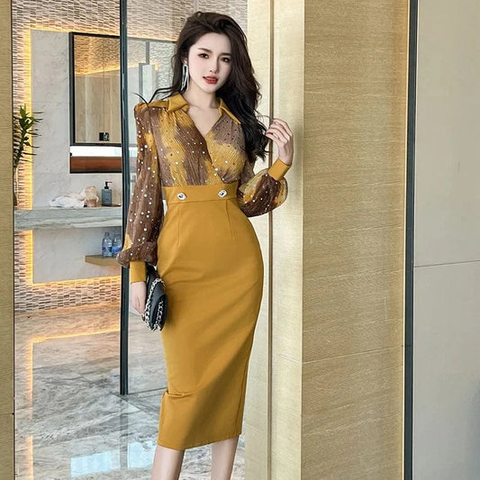 ZYHT 30753 2024 Spring New Products Elegant Casual Wear Business Dress OL Style Puff Sleeve Career Midi Dress