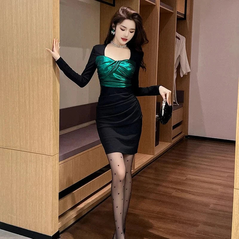 ZYHT 30759 Full Sleeve Contrast Color Ruched Metallic Bodycon Dress Casual and Stylish Women's Mini Dresses