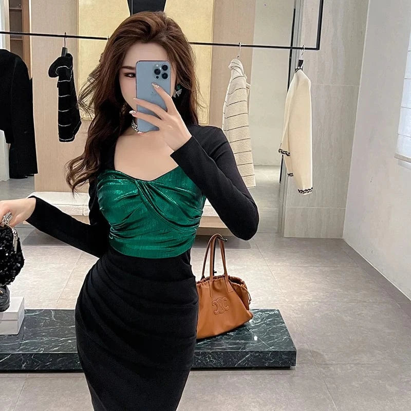 ZYHT 30759 Full Sleeve Contrast Color Ruched Metallic Bodycon Dress Casual and Stylish Women's Mini Dresses