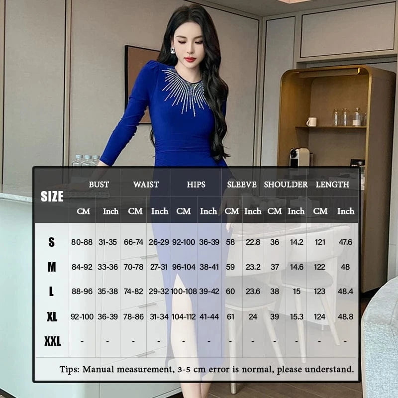 ZYHT 30764 New Model Shirred Waist Ladies Sexy Casual Rhinestone Blue Prom Bodycon Long Dress with Slit