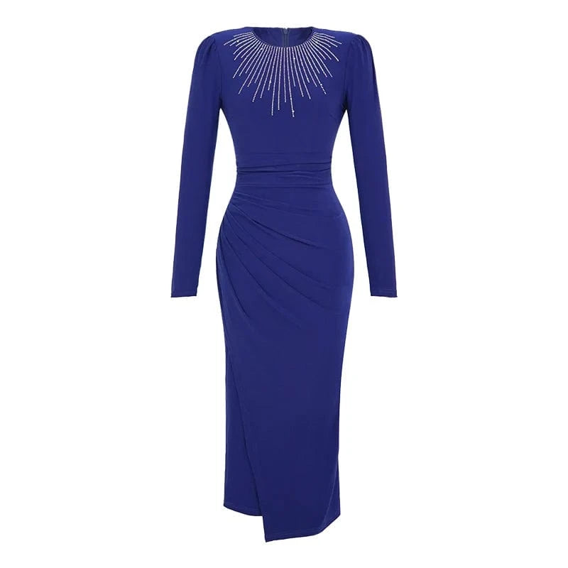 ZYHT 30764 New Model Shirred Waist Ladies Sexy Casual Rhinestone Blue Prom Bodycon Long Dress with Slit