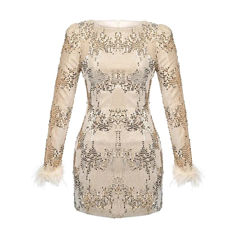 ZYHT 40163 Party Wear Shiny Sequins Decor Short Velvet Dress Feather Edge Full Sleeve Night Club Dress Women