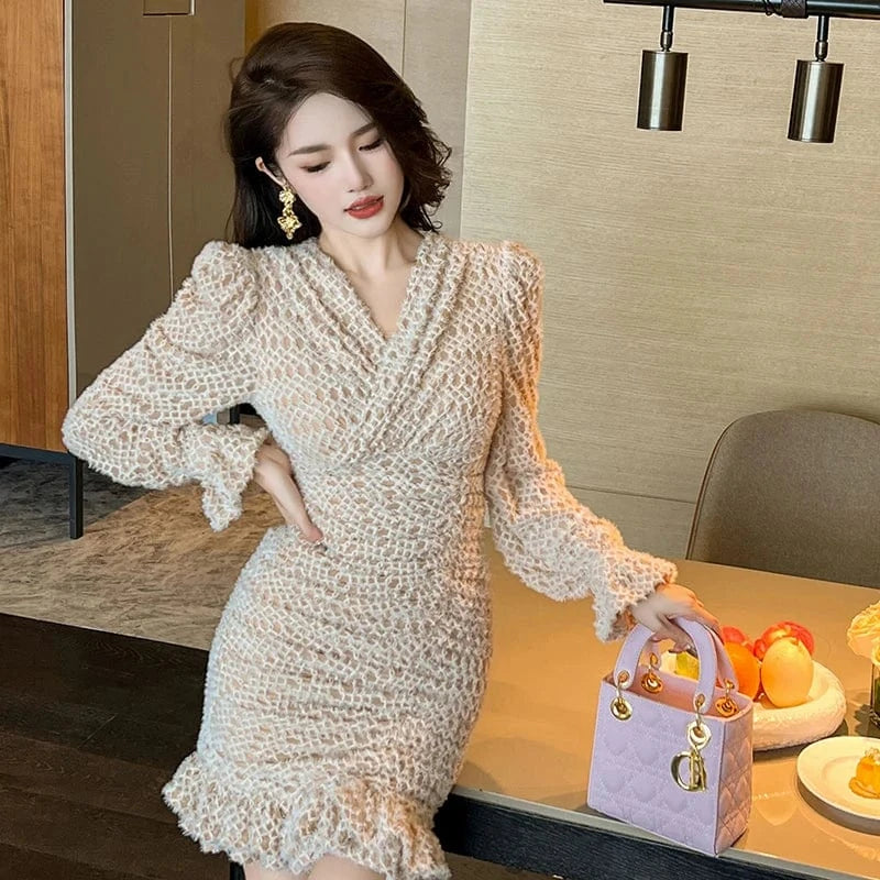 ZYHT 40198 Cross V Neck Bell Sleeve Ruffle Edge Straight Dress High Waist fringed Plaid Knitted Mini Dress
