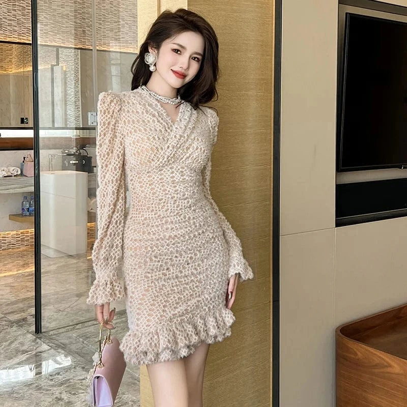 ZYHT 40198 Cross V Neck Bell Sleeve Ruffle Edge Straight Dress High Waist fringed Plaid Knitted Mini Dress