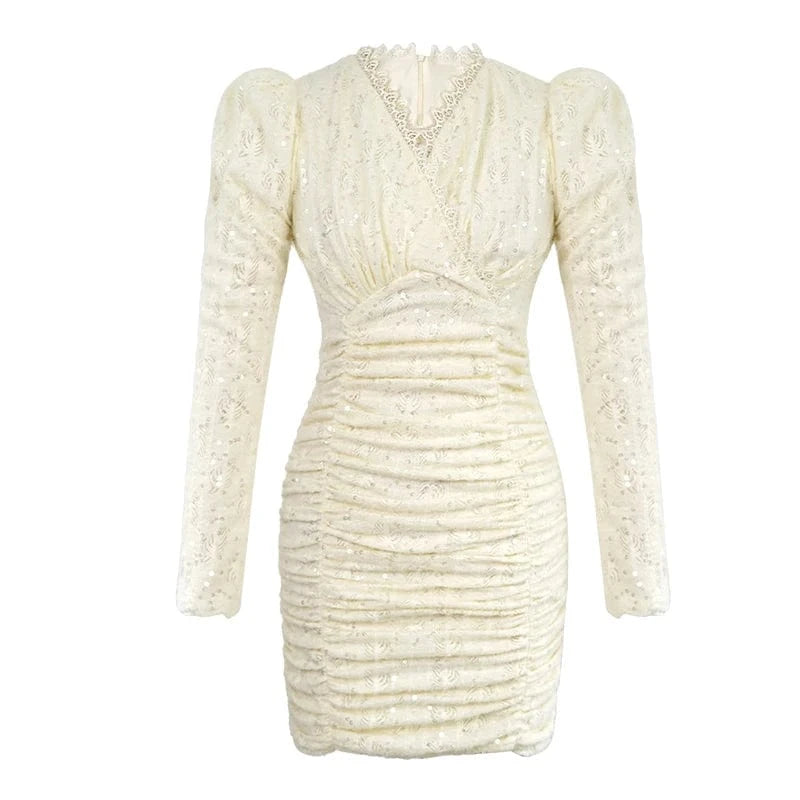 ZYHT 40211 Sexy V Neck Puff Sleeve Lace Smocked Mini Dresses Apricot Sequined Ruched Wrap Hip Party Dress