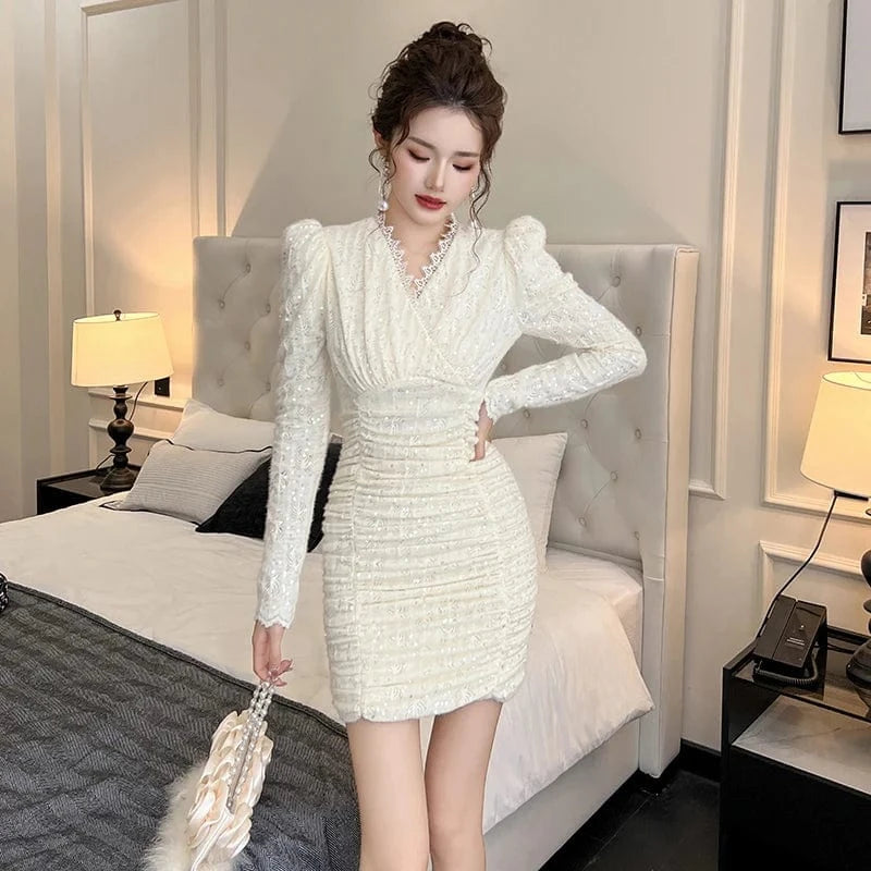 ZYHT 40211 Sexy V Neck Puff Sleeve Lace Smocked Mini Dresses Apricot Sequined Ruched Wrap Hip Party Dress