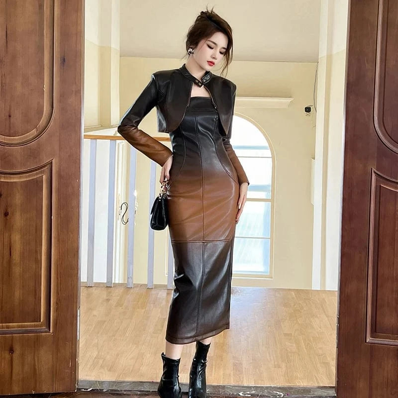 ZYHT 40223 Ladies Hot Sexy Street Gradient Color PU Leather Long Strapless Tube Bodycon Dresses for Women