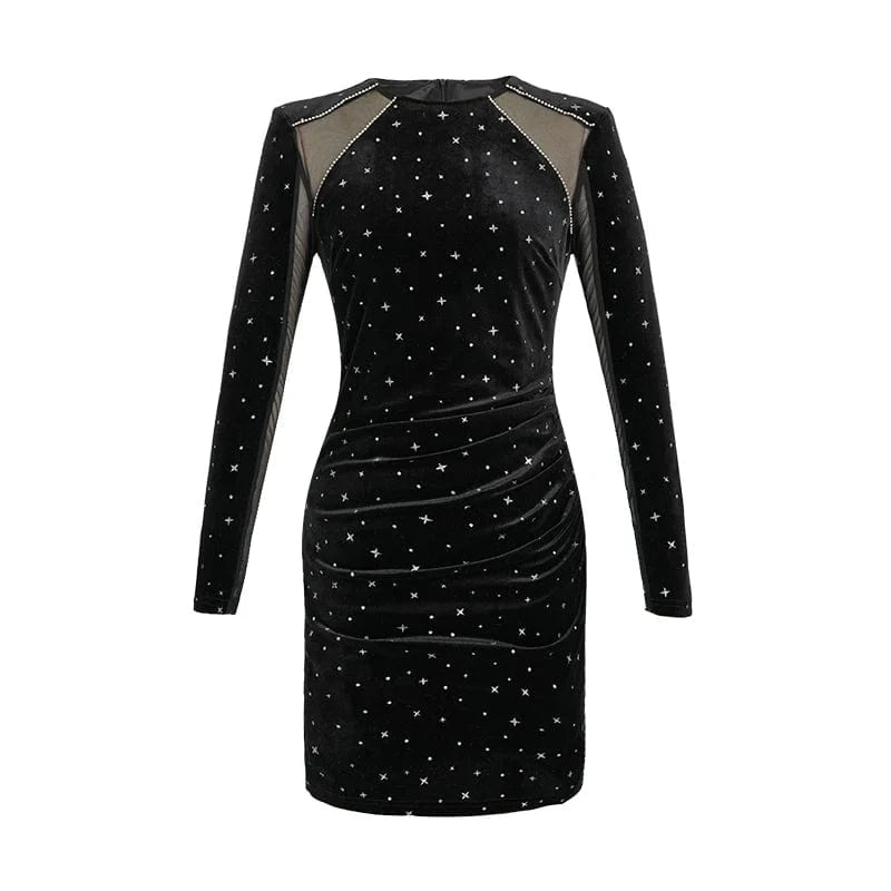 ZYHT 40228 Sexy Night Out Date Birthday Diamond Sparkle Star Gowns Dresses See-through Mesh Velvet Bodycon Dress
