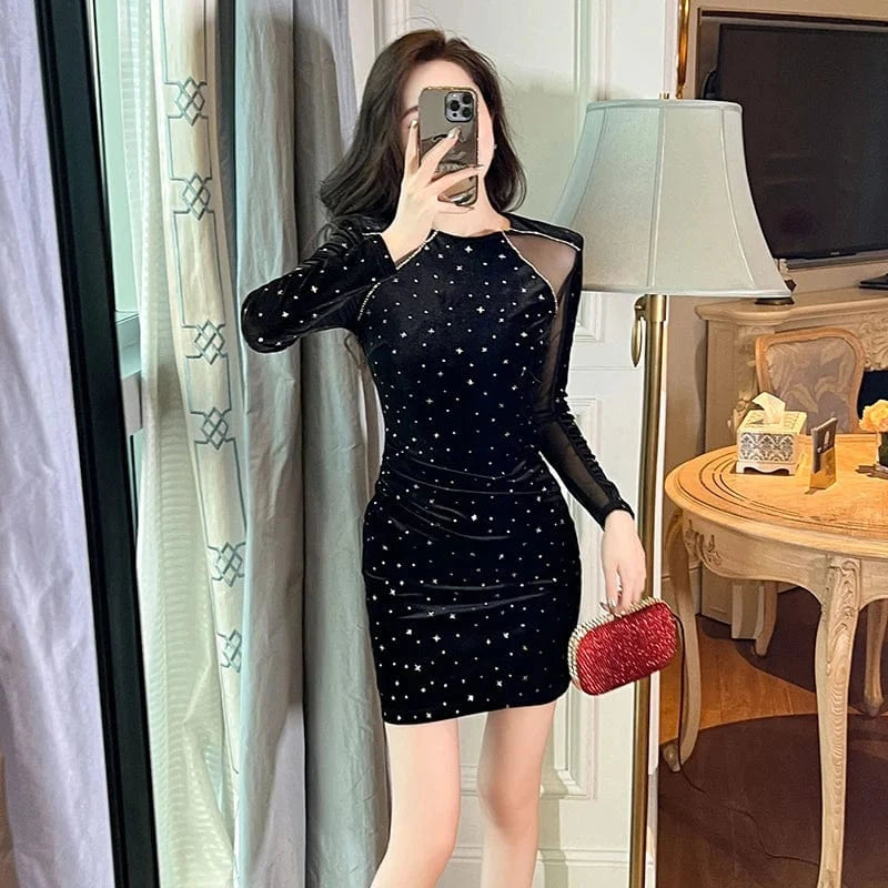 ZYHT 40228 Sexy Night Out Date Birthday Diamond Sparkle Star Gowns Dresses See-through Mesh Velvet Bodycon Dress