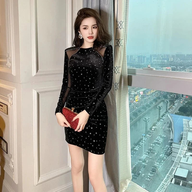 ZYHT 40228 Sexy Night Out Date Birthday Diamond Sparkle Star Gowns Dresses See-through Mesh Velvet Bodycon Dress