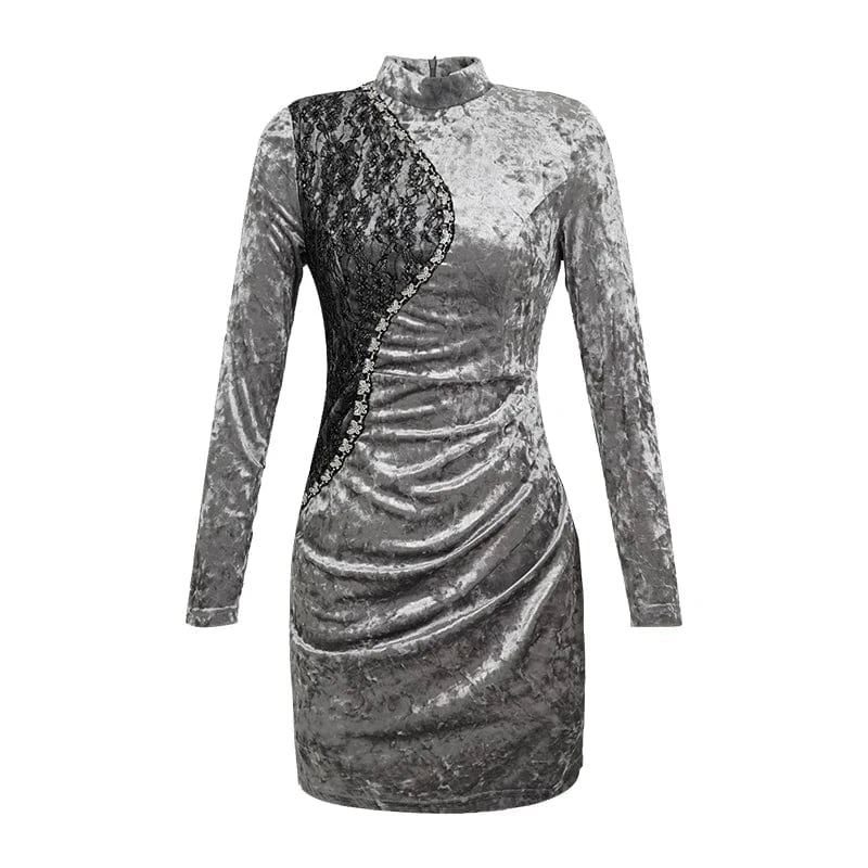 ZYHT 40293 Spring Velvet Fabric Anti-Static Sustainable Turtleneck Dress Embroidery Lace Patchwork One Step Dress