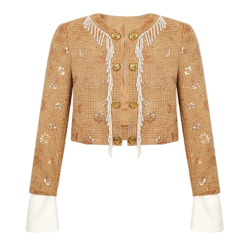 ZYHT 50490 Small Fragrance Style Long Sleeve Woolen Fabric Blazer Beading Tassel Metal Buttons Ladies Coat