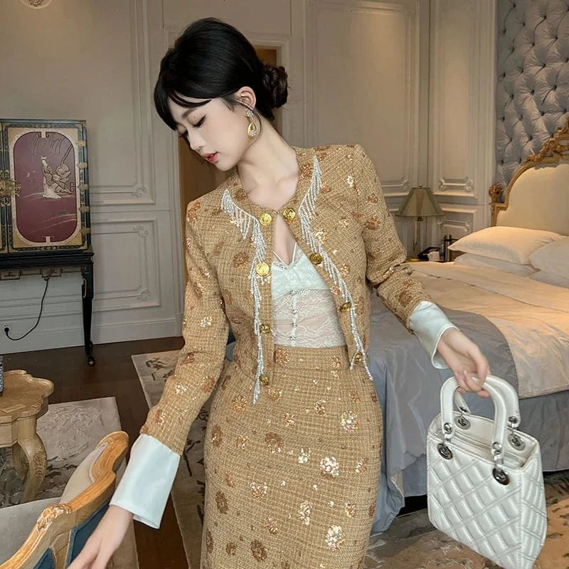 ZYHT 50490 Small Fragrance Style Long Sleeve Woolen Fabric Blazer Beading Tassel Metal Buttons Ladies Coat