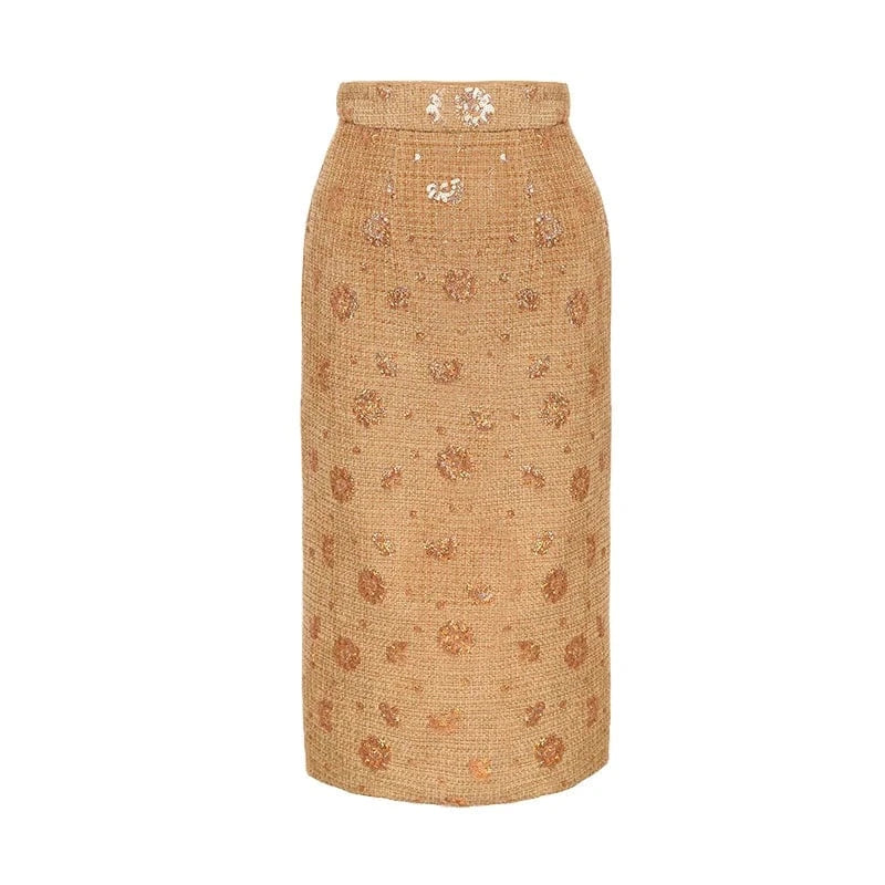 ZYHT 50531 Women's High Waist Gold Shiny Sequin Floral Pattern Wool Skirts Back Zipper Split Midi Pencil Skirt