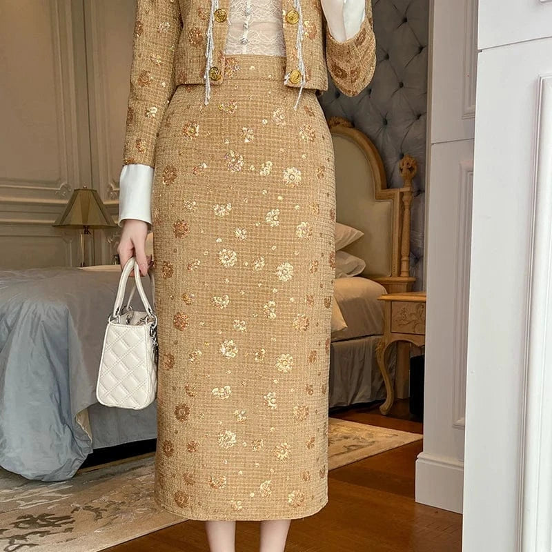 ZYHT 50531 Women's High Waist Gold Shiny Sequin Floral Pattern Wool Skirts Back Zipper Split Midi Pencil Skirt