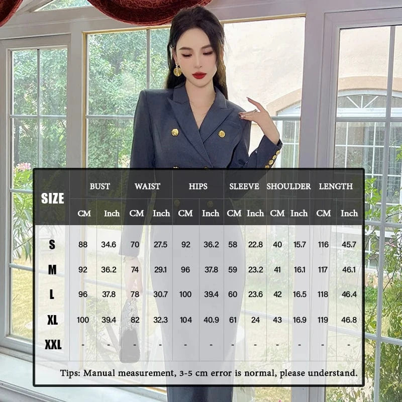 ZYHT 50562 Lapel Collar Double-breasted Business Blazer Work Dress Classic Gray Casual Dresses for Office Ladies