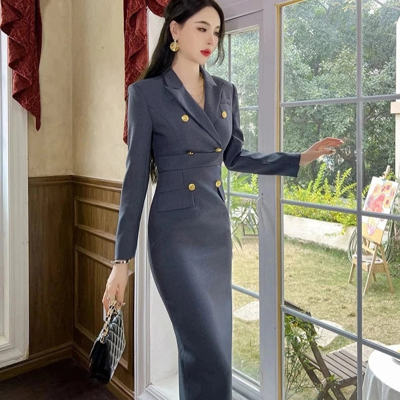ZYHT 50562 Lapel Collar Double-breasted Business Blazer Work Dress Classic Gray Casual Dresses for Office Ladies