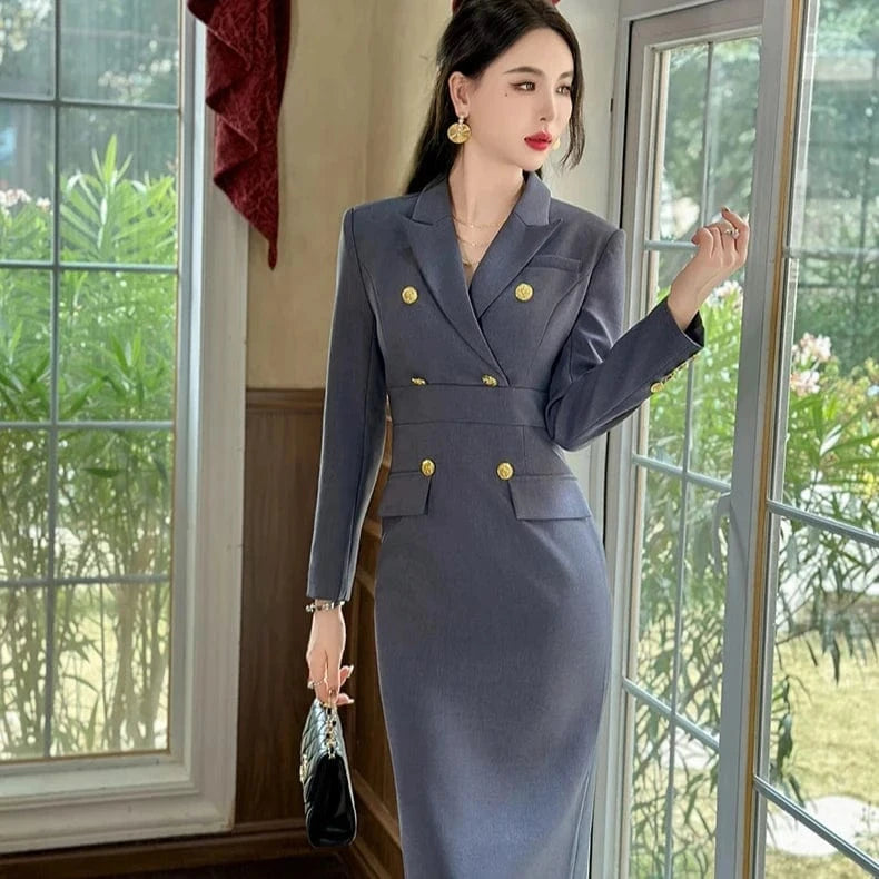 ZYHT 50562 Lapel Collar Double-breasted Business Blazer Work Dress Classic Gray Casual Dresses for Office Ladies