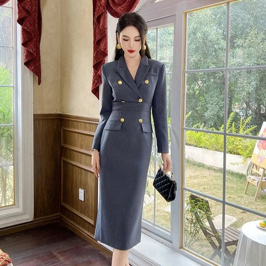 ZYHT 50562 Lapel Collar Double-breasted Business Blazer Work Dress Classic Gray Casual Dresses for Office Ladies
