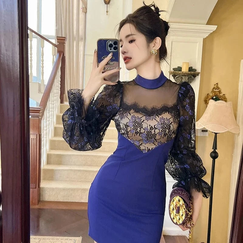 ZYHT 50570 2024 Spring Stand Collar Mesh Lace Splicing Dress Elegant Lantern Sleeve One-step Pencil Mini Dress