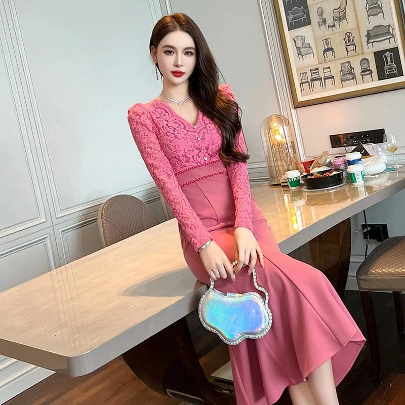 ZYHT 50612 In Stock Lady Floral Embroidery Stitching Fishtail Dress Beading Waist Decor V Neck Flared Dress