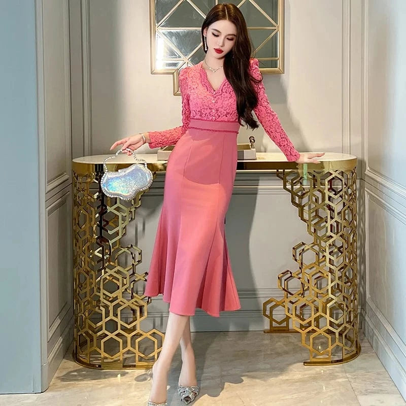 ZYHT 50612 In Stock Lady Floral Embroidery Stitching Fishtail Dress Beading Waist Decor V Neck Flared Dress