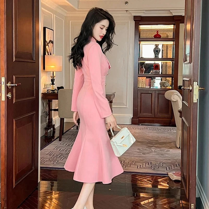 ZYHT 50622 Pink Double Breasted Elegant Office Ladies Dress Big Lapel Slim Mermaid Business Blazer Dresses