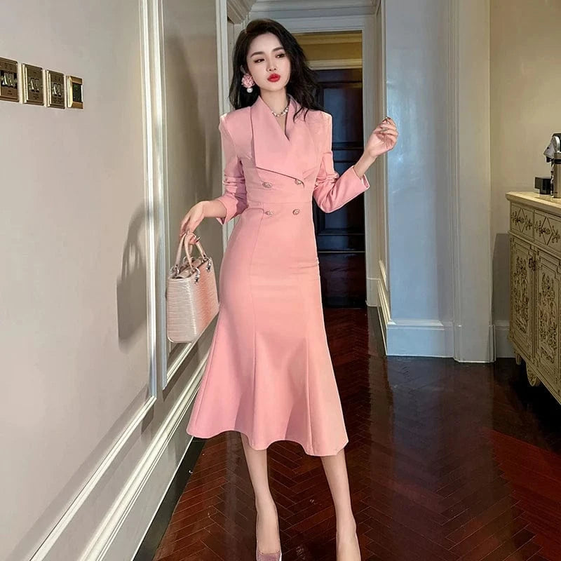 ZYHT 50622 Pink Double Breasted Elegant Office Ladies Dress Big Lapel Slim Mermaid Business Blazer Dresses