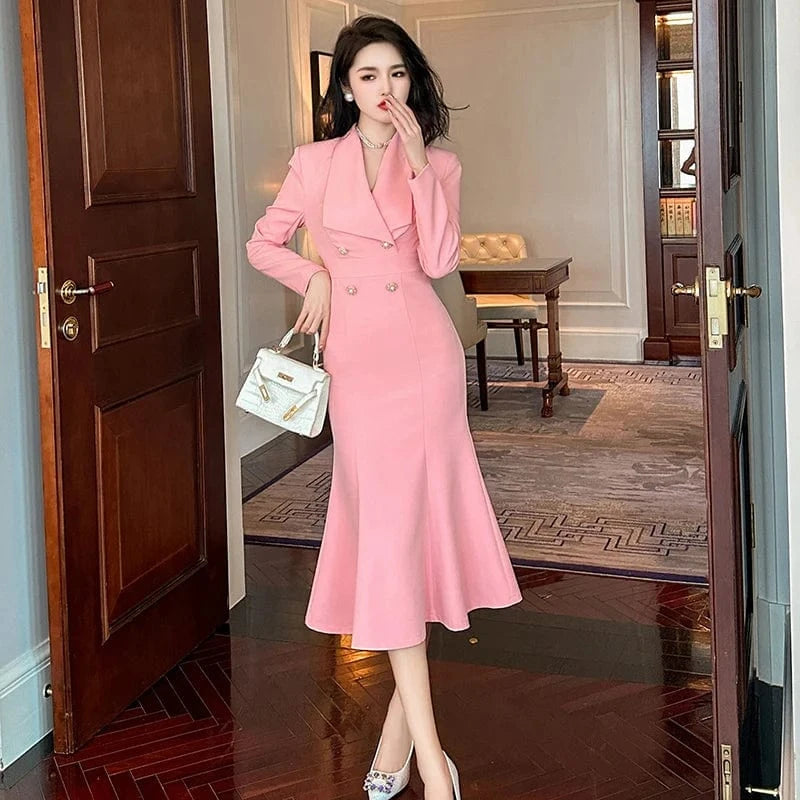 ZYHT 50622 Pink Double Breasted Elegant Office Ladies Dress Big Lapel Slim Mermaid Business Blazer Dresses