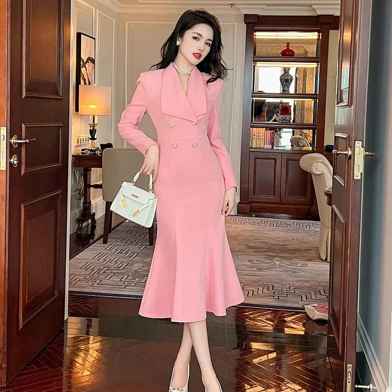 ZYHT 50622 Pink Double Breasted Elegant Office Ladies Dress Big Lapel Slim Mermaid Business Blazer Dresses