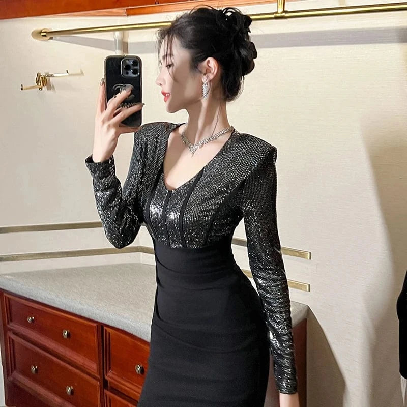 ZYHT 50656 Luxury Black Rhinestone Patchwork One-piece Dresses Full Sleeve V Neck Tight Fit Split Pencil Dress