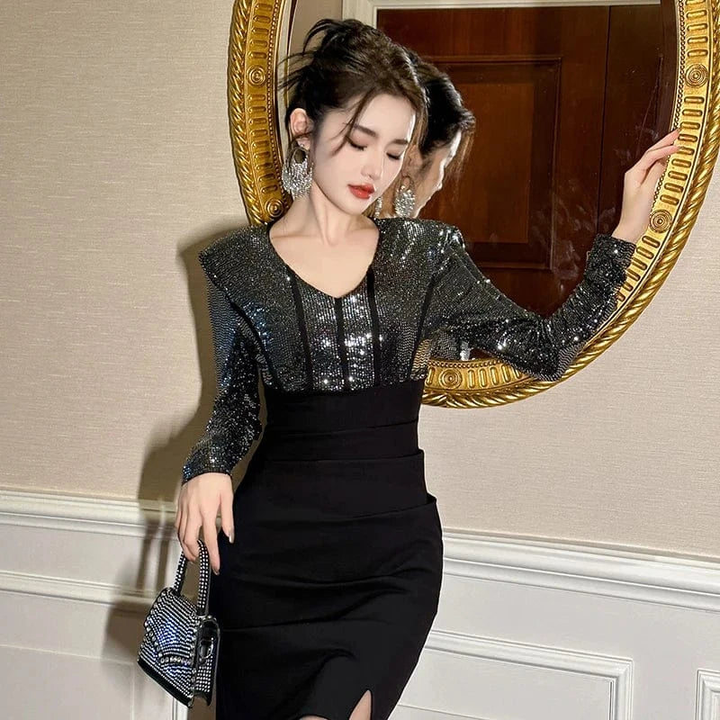 ZYHT 50656 Luxury Black Rhinestone Patchwork One-piece Dresses Full Sleeve V Neck Tight Fit Split Pencil Dress
