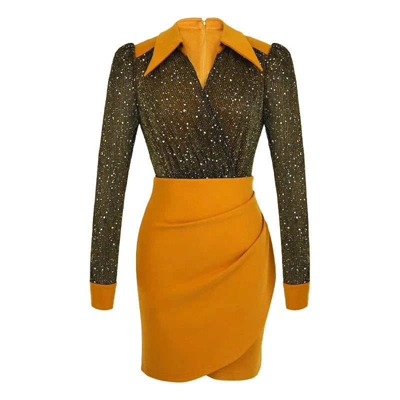 ZYHT 50673 4 Color Choices Sequins V Neck Irregular Mini Dresses Fashion Ruched Design Sexy One Step Dress