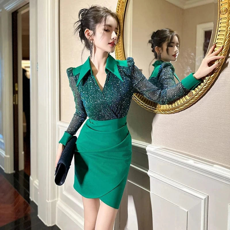 ZYHT 50673 4 Color Choices Sequins V Neck Irregular Mini Dresses Fashion Ruched Design Sexy One Step Dress