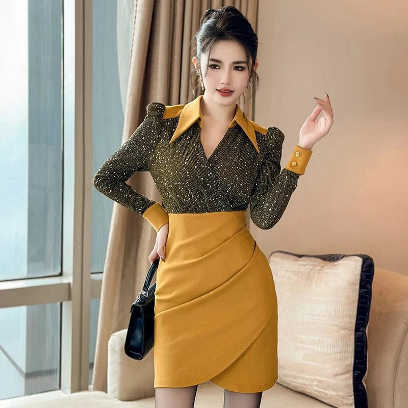 ZYHT 50673 4 Color Choices Sequins V Neck Irregular Mini Dresses Fashion Ruched Design Sexy One Step Dress