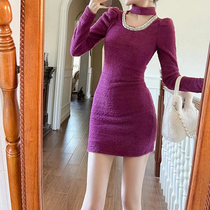 ZYHT 50692 2024 Spring Mock Neck Beading Cut-out Sexy Mini Dress Knitted Velvet Purple Casual Short Dresses