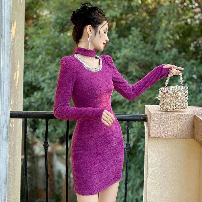ZYHT 50692 2024 Spring Mock Neck Beading Cut-out Sexy Mini Dress Knitted Velvet Purple Casual Short Dresses